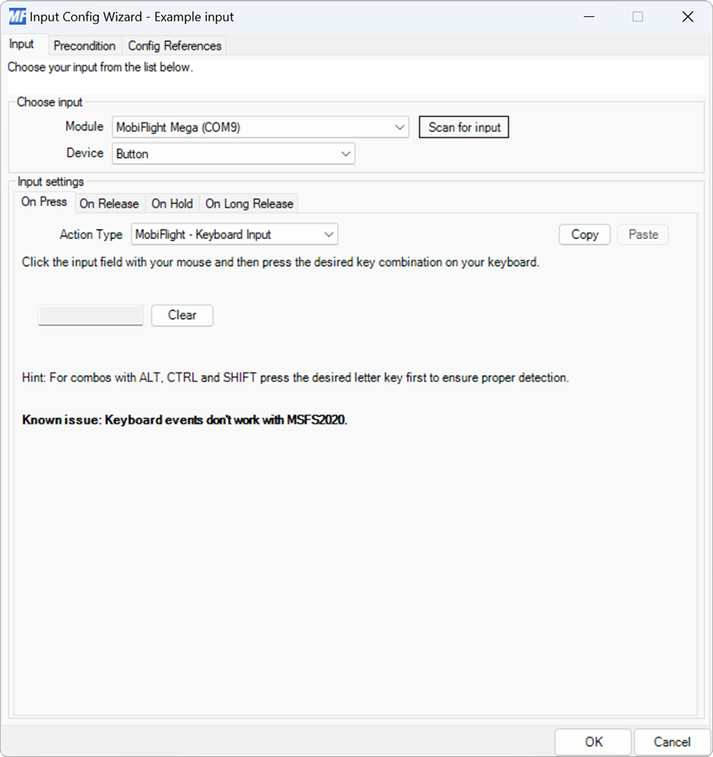 Screenshot of a button input with the MobiFlight - Keyboard Input action type selected.