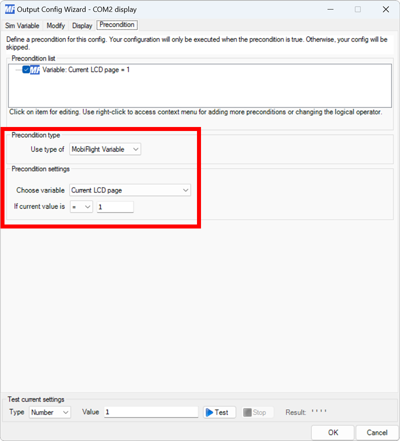 Screenshot of the Precondition tab with the Current LCD page variable selected and the precondition set to = 1.