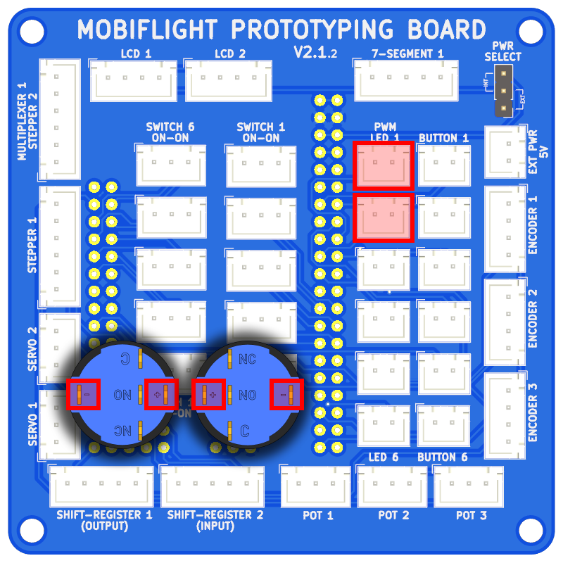 Prototype board with the two connections for the LEDs and the corresponding LED contacts highlighted.